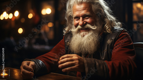 happy Santa Claus drinking whiskey out of a glass while sitting by a Christmas tree