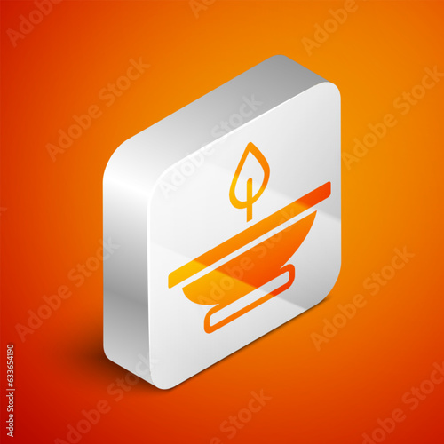Isometric Aroma lamp icon isolated on orange background. Silver square button. Vector