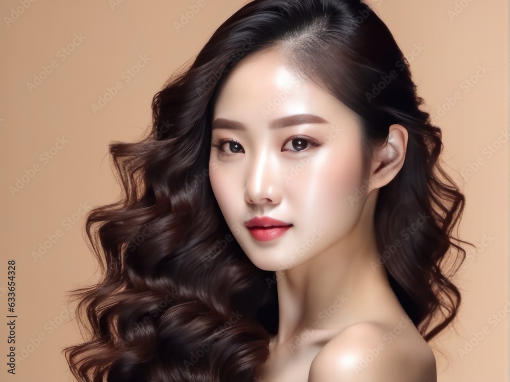 Naklejka premium Young Asian beauty woman with korean makeup style. Perfect skin on isolated beige background.