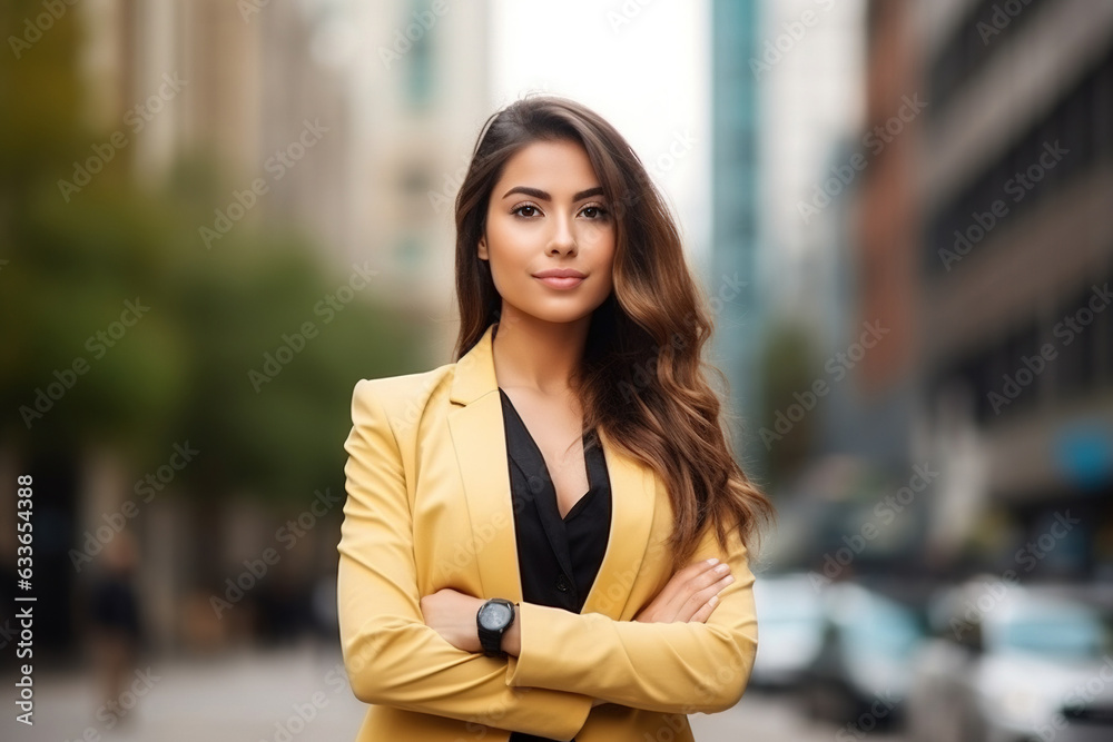 Confident rich eastern indian business woman executive standing in modern big city looking and dreaming of future business success Confident rich eastern indian business woman executive standing in modern big city looking and dreaming of future business success