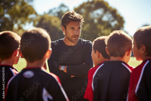 Coach having a team talk with children in a school ground