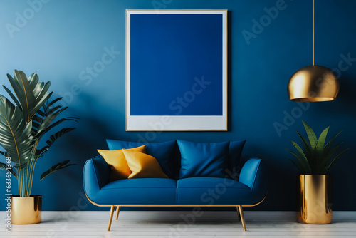 Blue interior with sofa, plants, lamp, pillow and empty poster in frame with copy space. Generative AI.
