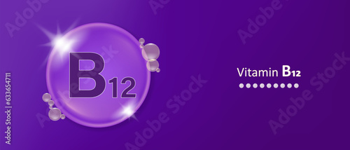 Vitamin B12. Vitamin B12 banner for advertising, health, medical science. Vitamins complex icon. Bubble collagen serum. Beauty treatment skin care design.