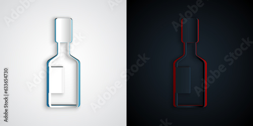 Paper cut Tabasco sauce icon isolated on grey and black background. Chili cayenne spicy pepper sauce. Paper art style. Vector