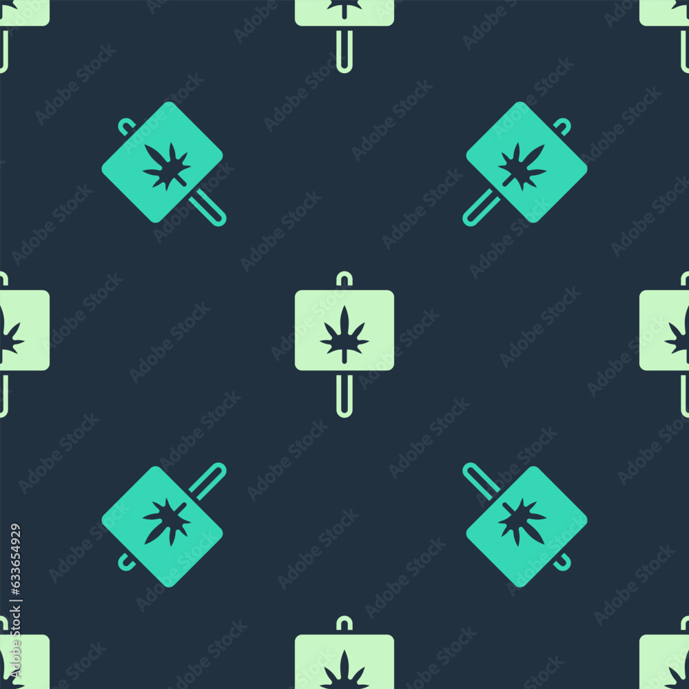 Green and beige Medical marijuana or cannabis leaf icon isolated seamless pattern on blue background. Hemp symbol. Vector