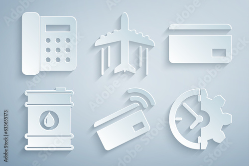 Set Contactless payment, Credit card, Barrel oil, Clock and gear, Plane and Telephone icon. Vector