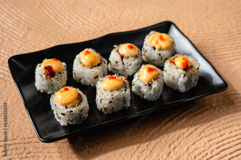 sushi is a Japanese dish of prepared vinegared rice, usually with some sugar and salt, accompanied by a variety of ingredients such as seafood, often raw and vegetables. sushi is a Japanese dish of prepared vinegared rice, usually with some sugar and salt, accompanied by a variety of ingredients such as seafood, often raw and vegetables.