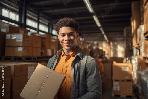 joven trabajador de una empresa de paquetería, en almacén lleno de cajas de pedidos almacenados, ilustración de IA generativa