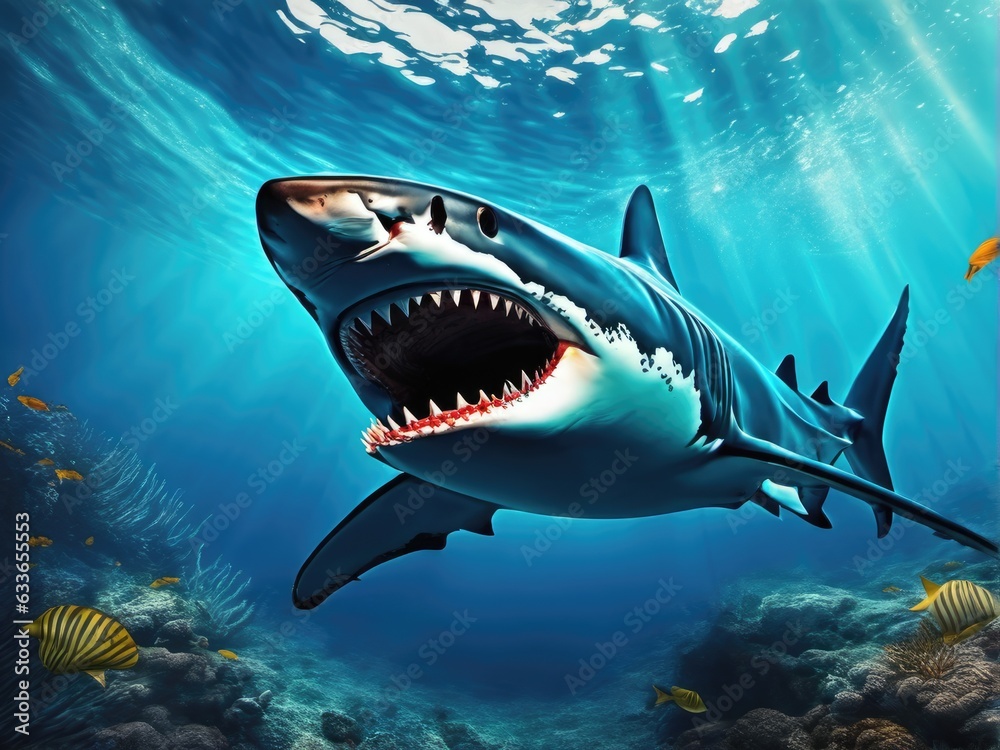 Ocean shark bottom view from below. Open toothy dangerous mouth Ocean shark bottom view from below. Open toothy dangerous mouth
