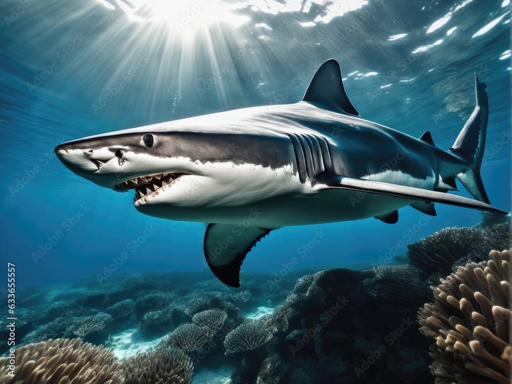 Fototapeta premium Ocean shark bottom view from below. Open toothy dangerous mouth