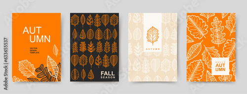 Set of trendy minimal autumn card. Modern abstract art design with fall beautiful leaves. Templates for advertising, celebration, branding, banner, cover, label, poster, sale, social media 