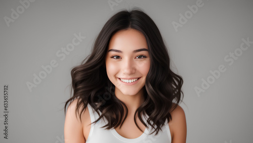 Smiling girl with black, wavy hair on natural background with copy space. Generative AI.