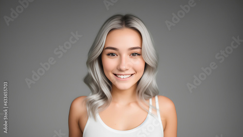 Portrait of young woman with silver hair. Isolated background with mockup. Generative AI.