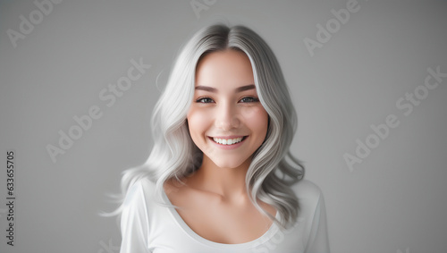 Happy girl with silver hair smiling at camera. Natural background with copy space. Generative AI.