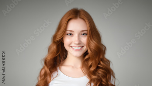 Portrait of redhead young woman looking at camera. Natural background with mockup. Generative AI. © Dawid