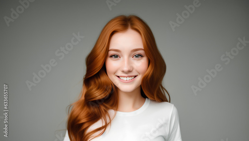 Beautiful girl with red, wavy hair on natural background with copy space. Generative AI.