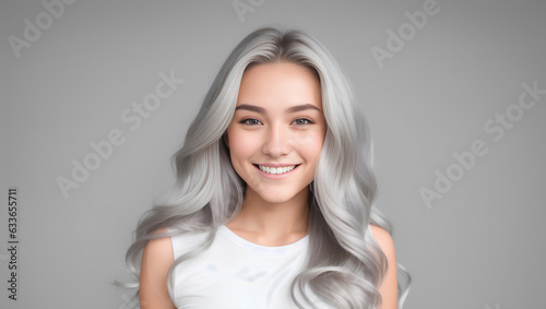 Happy female with silver, long hair on natural background with copy space. Generative AI.