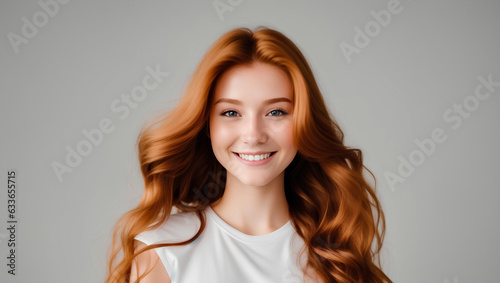 Portrait of teenage girl with red hair on isolated background with mockup. Generative AI.