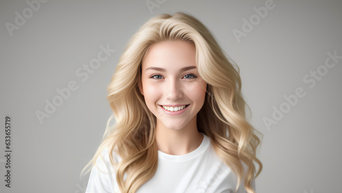 Portrait of happy teen female with blonde, wavy hair smiling at camera. Isolated background with mockup. Generative AI.