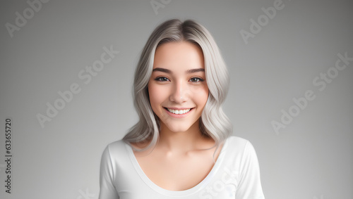 Portrait of cheerful woman with silver hair looking at camera. Isolated background with mockup. Generative AI.