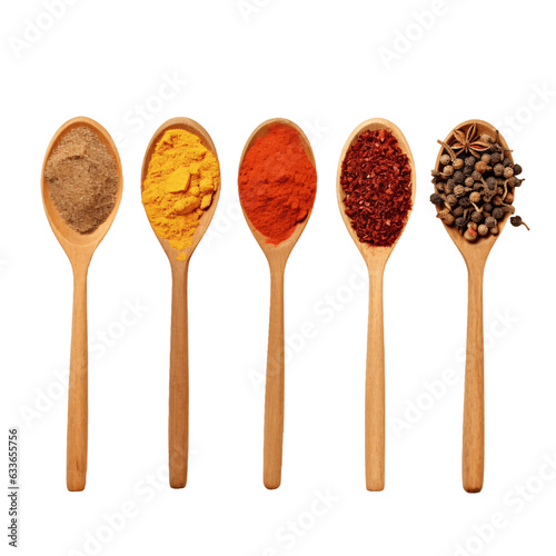 Various spices on spoon isolated on transparent background 