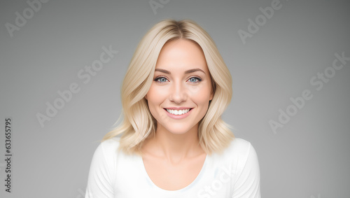 Portrait of smiling woman with blond, wavy hair. Natural background with copy space. Generative AI.