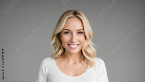Beautiful female with blond hair looking at camera. Isolated background with mockup. Generative AI.