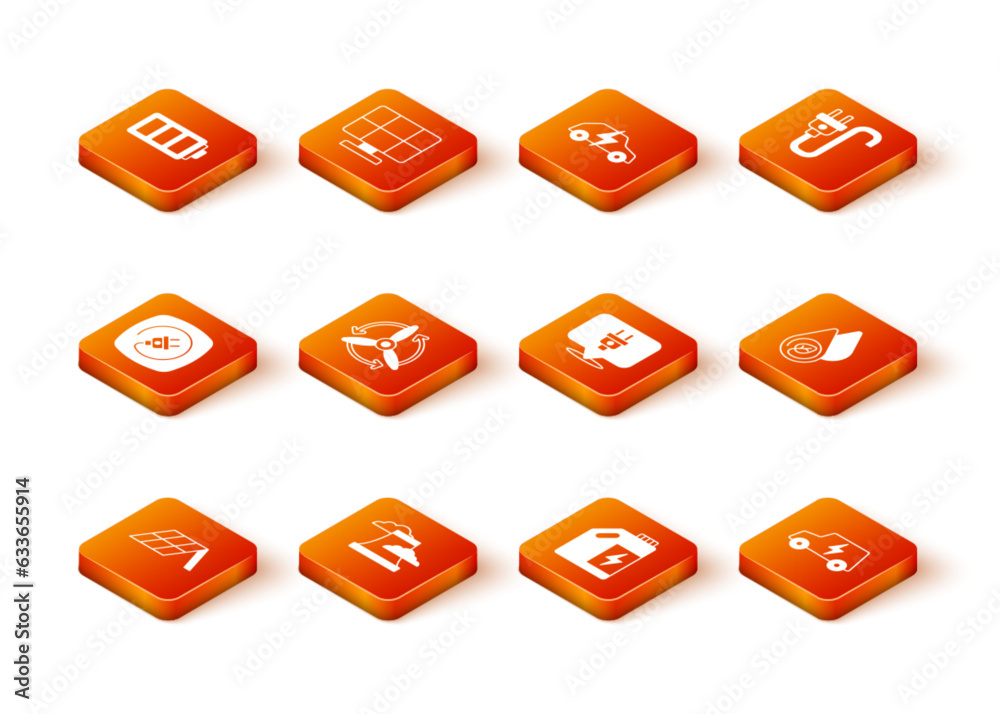 Set Solar energy panel, Nuclear power plant, Electric plug, Wind turbine, Eco fuel canister, car and Water icon. Vector Set Solar energy panel, Nuclear power plant, Electric plug, Wind turbine, Eco fuel canister, car and Water icon. Vector