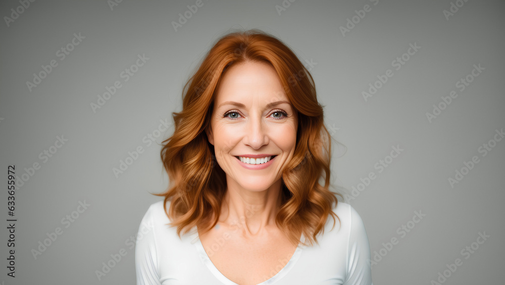 Portrait of senior female with red hair. Natural background with copy space. Generative AI. Portrait of senior female with red hair. Natural background with copy space. Generative AI.