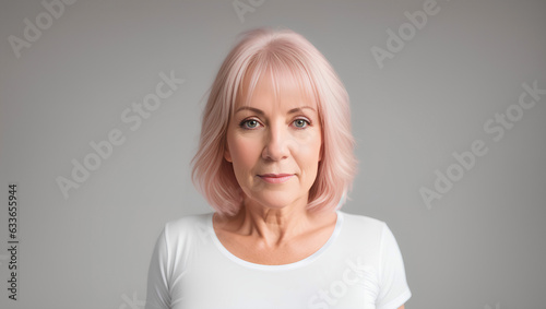 Portrait of sad senior female with pink hair and bangs. Isolated background with mockup. Generative AI.