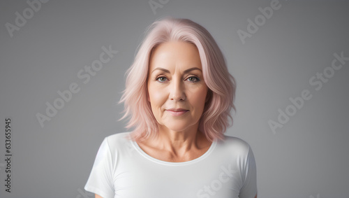 Portrait of sad woman with pink hair. Isolated background with mockup. Generative AI.