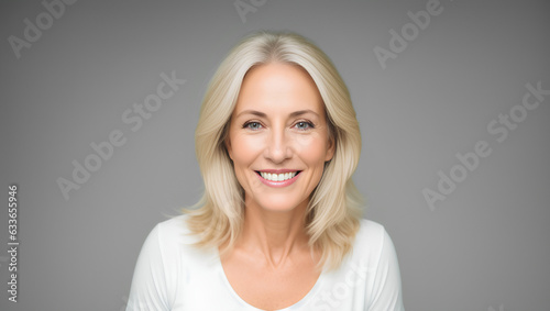 Portrait of happy senior woman with blond hair. Isolated background with mockup. Generative AI.