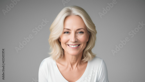 Smiling woman with blond hair on natural background with copy space. Generative AI.