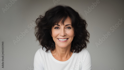 Happy woman with black, curly hair looking at camera. Isolated background with mockup. Generative AI.