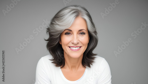 Happy senior female with black hair smiling at camera. Natural background with copy space. Generative AI.
