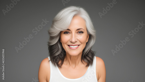 Portrait of senior woman with black hair on natural background with copy space. Generative AI.