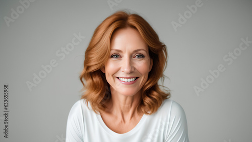 Smiling senior woman with red hair looking at camera. Isolated background with mockup. Generative AI. © Dawid
