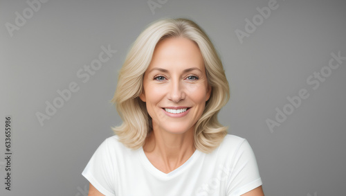 Beautiful woman with blond hair on natural background with copy space. Generative AI. © Dawid