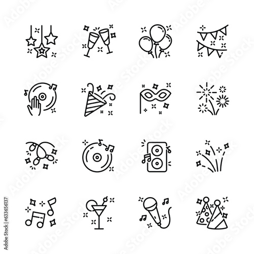 christmas, new year , happy celebration, party thin line icons set, such as music, gift, firework, confetti, food and wine. isolated vector illustration