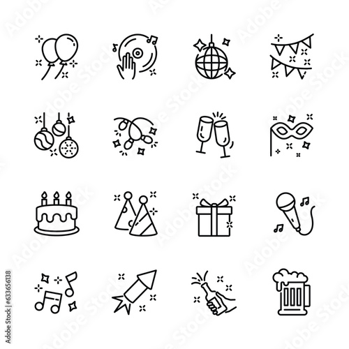 christmas, new year , happy celebration, party thin line icons set, such as music, gift, firework, confetti, food and wine. isolated vector illustration