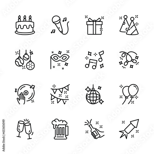 christmas, new year , happy celebration, party thin line icons set, such as music, gift, firework, confetti, food and wine. isolated vector illustration