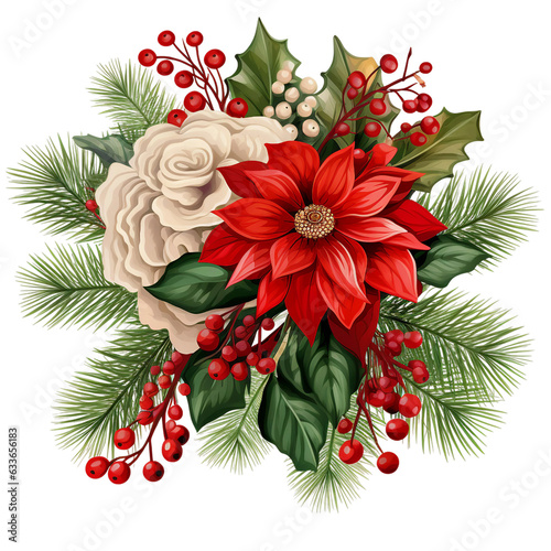 christmas flowers with poinsettia, white rose, red cherry, holy leaf and pine tree leaves