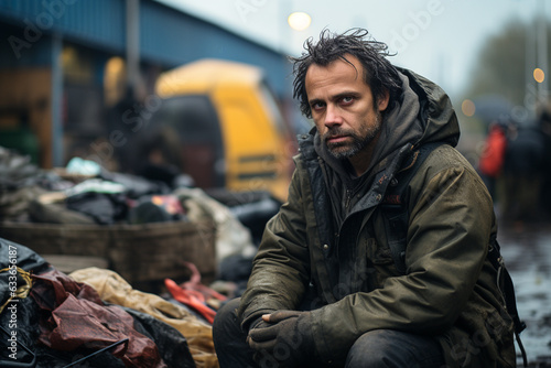 Sad white homeless man sits on the street of big city, dark background