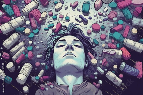 Illustration of man junkie with pills and drugs around photo