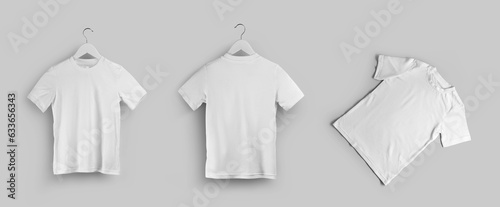 Mockup of white t-shirt on hanger, presentation of cotton shirt front, back, diagonally for design, brand.