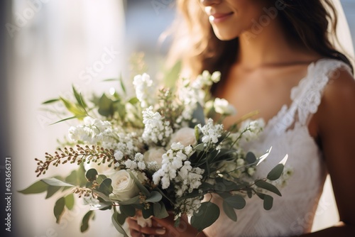 beautiful bride in a white with a bouquet of eucalyptus and white flowers