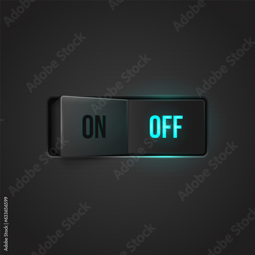 Realistic toggle switch. Black switches with backlight, on/off - position. Vector illustration.