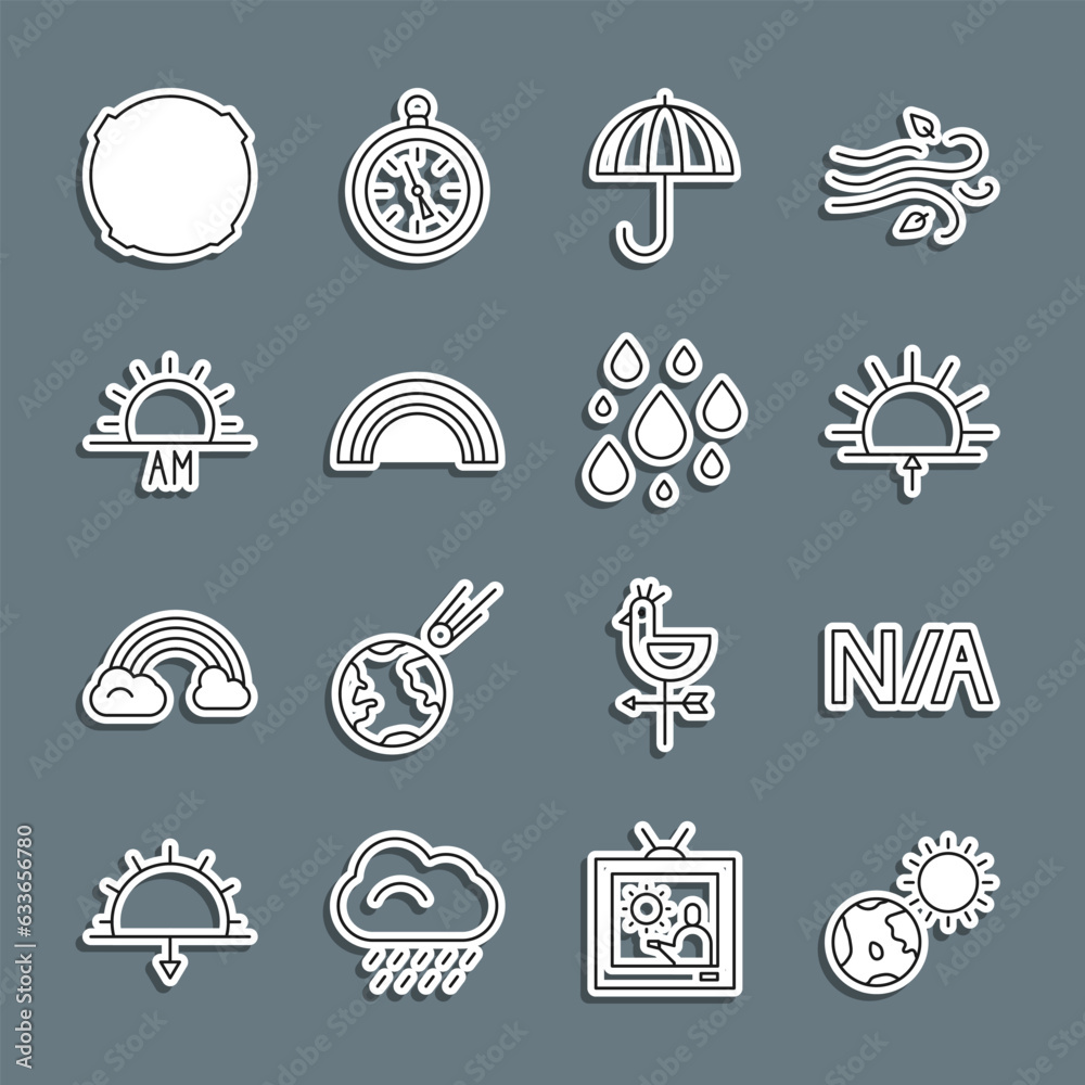 Set line Earth globe and sun, Not applicable, Sunrise, Umbrella, Rainbow, Moon and Water drop icon. Vector