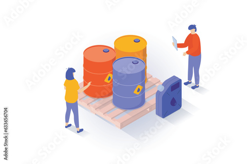 Oil industry concept in 3d isometric design. People workers at gasoline station by fuel barrels storage and benzine canister for refueling car. Vector illustration with isometry scene for web graphic