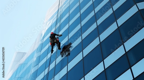 Industrial climber cleaning the glassy wall. 